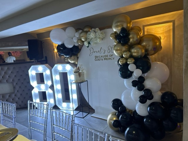 Balloon garland backdrop with light-up numbers